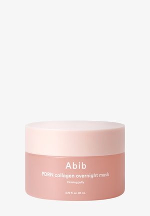 Tarro rosa con un diseño suave y redondeado y una tapa de color rosa claro. La etiqueta dice "Abib PDRN collagen overnight mask, firming jelly, 80 mL."