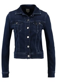 Dark blue denim jacket with front metal buttons, two chest flap pockets, and long sleeves.