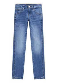 Jean en denim bleu avec une coupe droite, comportant cinq poches et des coutures contrastées. Texture lisse avec des détails de décoloration légers.