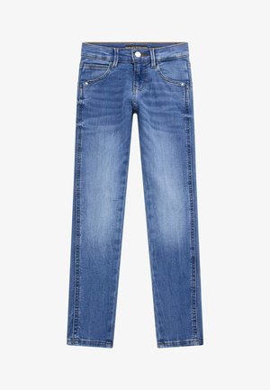 Modri denim kavbojke s ravnim krojem, ki imajo pet žepov in kontrastne šive. Gladka tekstura z rahlimi podrobnostmi bledenja.