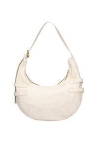 Borsa a spalla in pelle bianca con forma curva, dettagli in metallo dorato e doppio manico. Presenta una chiusura con zip su un lato.