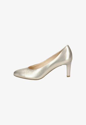 Metallische zilveren hoge hakpumps met een spitse neus, een gladde textuur en een hak van 6,5 centimeter, met een minimalistisch ontwerp en zonder versieringen.