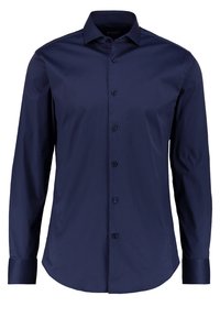 Marineblaues Langarmhemd aus glattem Stoff, mit einem umlegbaren Kragen, Knopfleiste und knopfbaren Manschetten mit dezenten Details.