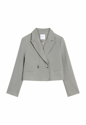 Skórzana szara marynarka o cropped, wykonana z gładkiego materiału, z klapami, podwójnym zapięciem na guziki oraz dwiema przednimi kieszeniami.