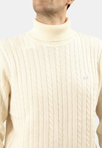 Maglione a collo alto intrecciato in crema. Presenta un colletto a coste e un sottile dettaglio di cucitura, realizzato in morbido tessuto testurizzato.