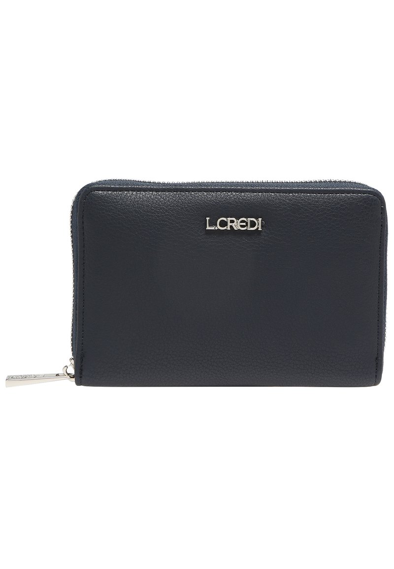 Navy leather wallet with a textured finish, zip closure, and silver logo accent. Features multiple compartments for cards and cash.