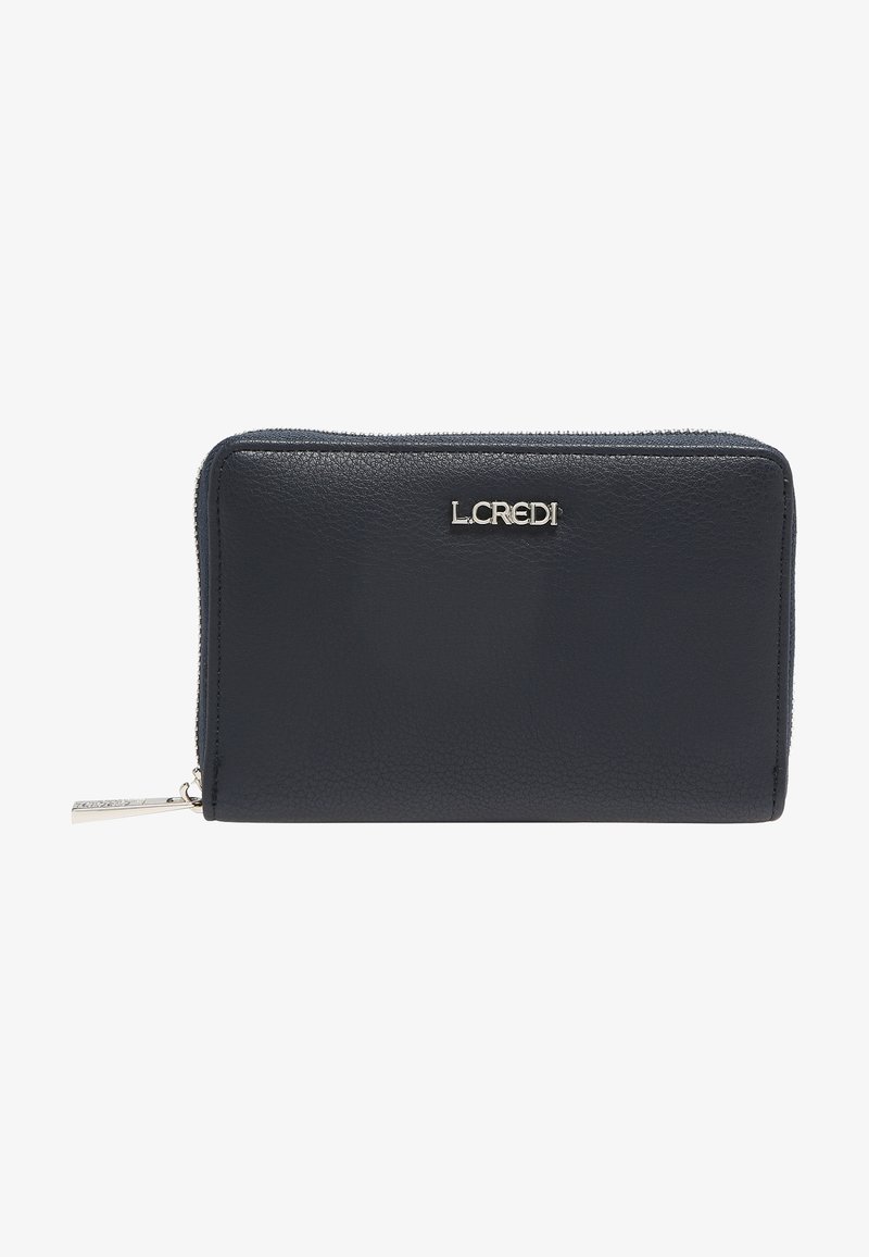 Navy leather wallet with a textured finish, zip closure, and silver logo accent. Features multiple compartments for cards and cash.