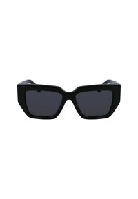 Ochelari de soare negri cu un design geometric pătrat, lentile întunecate, cadru din plastic gros, linie de sprânceană plată și colțuri ascuțite.