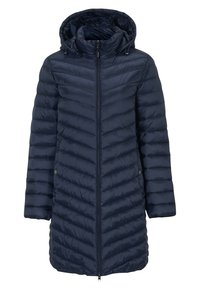 Granatowa kurtka puchowa z kapturem, z pikowanym wzorem w zygzaki, z zapięciem na zamek błyskawiczny i guzikiem na rękawach. Gładka, błyszcząca powierzchnia.