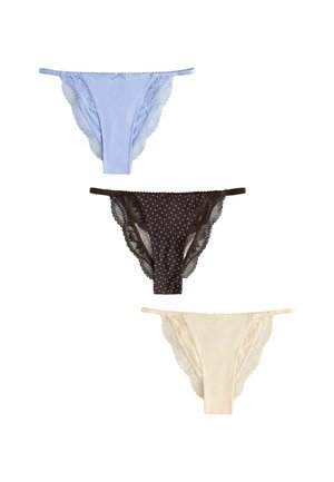 Trois culottes de bikini pour femmes avec bordure en dentelle, présentées verticalement en bleu clair, noir à pois blancs et beige sur fond blanc.