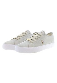 Light gray low-top sneakers with white rubber soles, beige laces, and a small Polo player logo on the side.