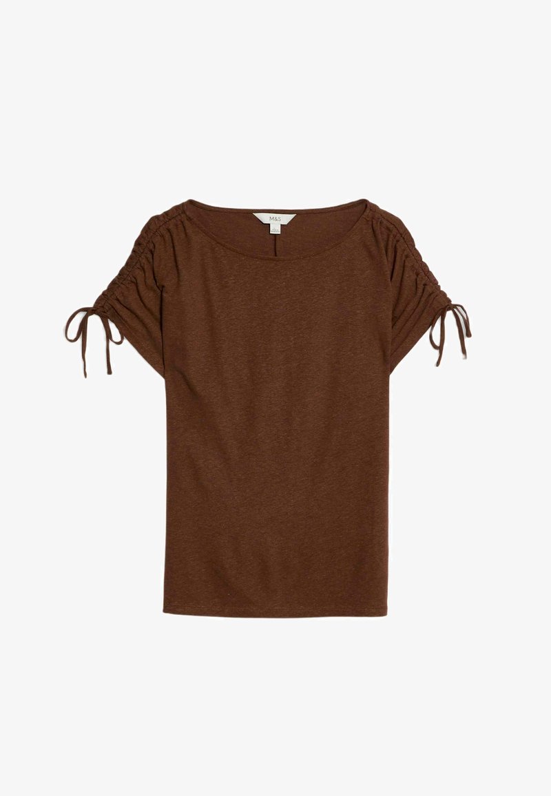 Top marrón de manga corta hecho de una tela suave. Presenta un escote amplio y un detalle fruncido en las mangas con lazos ajustables a cada lado.