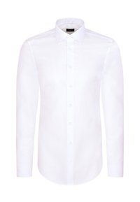 Witte blouse met lange mouwen, voorzien van een klassieke kraag, knoopsluiting aan de voorkant, glad katoenen stof en een getailleerde pasvorm met een afgeronde zoom.