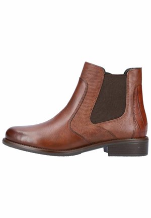 Brown leather ankle boot with elastic side panels, textured detailing, and a rounded toe. Features a low heel and smooth finish.