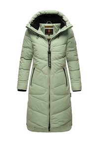 Light green long puffer coat with a hood, featuring quilted patterns, black zippered pockets, and a black inner lining. Adjustable drawstrings included.