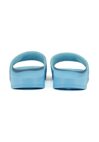Blue plastic sandals with a flat sole and open back, featuring two wide straps and a smooth texture. Simple design, minimal detailing.