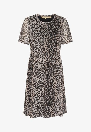 Lühikeste varrukatega kleit läbipaistvast kangast, millel on must leopardi mustriline muster beežil taustal, ümara kaelusega ja laieneva seeliku osaga.