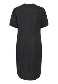 Robe noire à manches courtes vue de dos, longueur genou avec une coupe droite et un ourlet arrondi, sans fermetures ni motifs visibles.