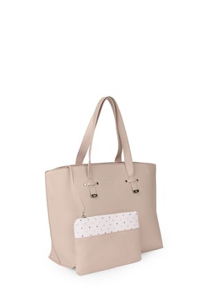 Beige leather tote bag with dual handles, featuring a detachable, patterned pouch with multicolored dots. Smooth texture, minimalist design.