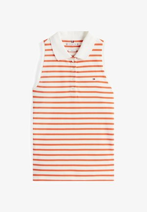 Mouwloze poloshirt in het wit met horizontale oranje strepen, vlakke kraag en een knoopsluiting met drie knopen. Klein logo geborduurd op de borst.