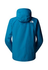 Giacca impermeabile blu con cappuccio, maniche lunghe e logo The North Face sulla parte superiore destra della schiena.