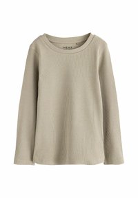 Beige ribattu pitkähihaine paita, jossa on pyöreä kaula-aukko, esitelty tasaisena valkoisella taustalla.