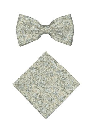 Light beige floral patterned bow tie and matching pocket square laid flat on white background.