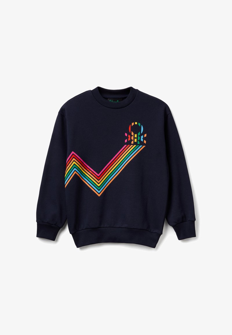 Sweat-shirt bleu marine avec un motif graphique en zigzag multicolore et un accent circulaire. Confectionné dans un tissu doux et texturé avec des poignets côtelés.