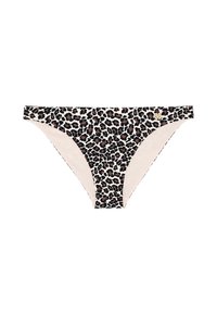 Bas de bikini imprimé léopard en tissu extensible, avec une doublure beige neutre et un petit accent décoratif doré sur le côté.