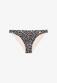 Parte inferior de bikini con estampado de leopardo en tela elástica, con forro beige neutro y un pequeño adorno decorativo dorado en el lateral.