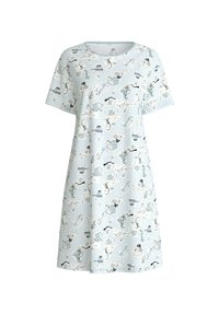Vestito da notte a maniche corte in tessuto blu chiaro, con un motivo di animali e oggetti, dal taglio rilassato e scollo rotondo.