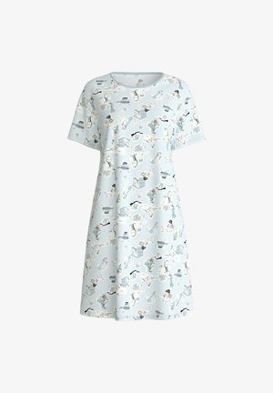 Chemise de nuit à manches courtes en tissu bleu clair avec un motif d'animaux et d'objets, avec une coupe décontractée et un col rond.