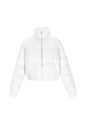 Weiße, verkürzte Daunenjacke mit hohem Kragen, Reißverschluss vorne und gerippten Bündchen. Hergestellt aus glänzendem, gestepptem Material mit horizontalen Abnähten.