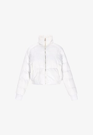 Weiße, verkürzte Daunenjacke mit hohem Kragen, Reißverschluss vorne und gerippten Bündchen. Hergestellt aus glänzendem, gestepptem Material mit horizontalen Abnähten.