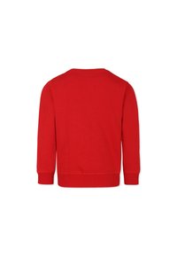 Rode katoenen trui met ronde hals en lange mouwen, geribbelde manchetten en boord, gladde textuur, eenvoudig ontwerp, zonder zichtbare patronen of accenten.