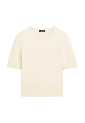 Short-sleeve sweater, cream color, soft knit texture, rounded neckline, and ribbed hem. Simple design with no visible patterns or accents.