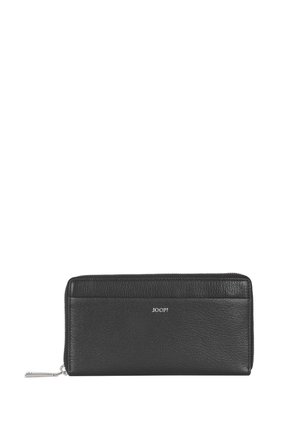 Black leather wallet with a textured surface, zip closure, and embossed "JOOP!" logo on the front. Slim rectangular design.