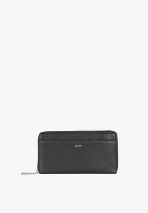 Black leather wallet with a textured surface, zip closure, and embossed "JOOP!" logo on the front. Slim rectangular design.