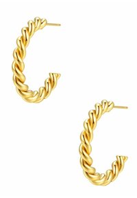 Orecchini a cerchio in oro con design attorcigliato, caratterizzati da una superficie liscia e lucida e da una punta appuntita; leggeri, con un gambo sottile per la chiusura.