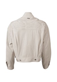 Beżowa krótka kurtka z długimi rękawami, subtelnym kwiatowym haftem na górnej części pleców oraz regulowanymi paskami z guzikiem na talii.