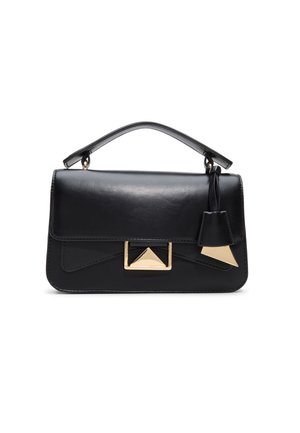 Black leather handbag with a structured shape, featuring a triangular gold-tone clasp, a small geometric tag, and a top handle.