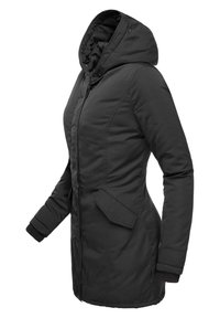 Černá mikina s kapucí se zipem vpředu, bočními kapsami a ribkovanými manžetami; vyrobena z hladké, odolné tkaniny s přiléhavým střihem.