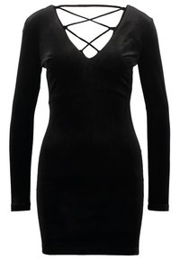 Svart långärmad klänning med djup V-ringning, med korsande detaljer vid bröstet och en figurnära silhuett. Mjuk, slät textur.