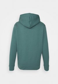 Zielona bluza z kapturem o miękkiej fakturze, wyposażona w kaptur ze sznurkiem, długie rękawy, ściągacze przy mankietach i u dołu oraz luźny krój.