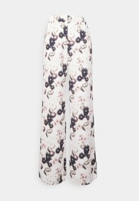 Pantalons à jambes larges en tissu crème clair arborant un motif floral dans des nuances de noir et de rose. Texture douce avec une taille élastique.