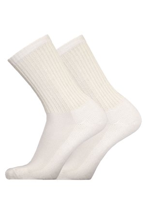 Weiße Baumwoll-Fußballen-Socken, geripptes Muster mit verstärkter Zehenpartie, ausgestattet mit einem weichen Bündchen und einem glatten Strickkörper, präsentiert im Paar.