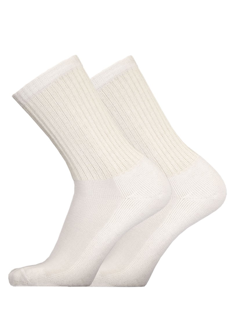 Weiße Baumwoll-Fußballen-Socken, geripptes Muster mit verstärkter Zehenpartie, ausgestattet mit einem weichen Bündchen und einem glatten Strickkörper, präsentiert im Paar.