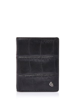 Schwarzes Leder-Portemonnaie mit Krokodillederstruktur, kompaktem Design und kleinem silbernem Logo-Emblem in der unteren rechten Ecke.