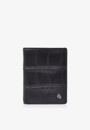 Zwarte leren portemonnee met krokodillenstructuur, compact ontwerp en klein zilverkleurig logo-embleem rechtsonder.