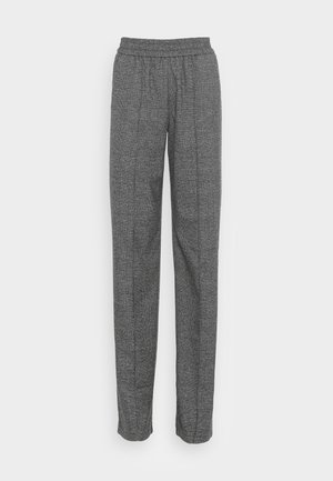 Gray plaid trousers with a relaxed fit, elastic waistband, and subtle texture. Flat front with vertical seams running down the legs.